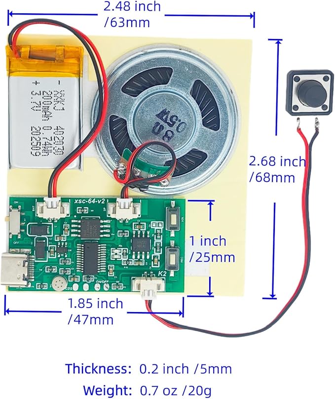 2pcs DIY Audio Recorder and Player kit,Record standalone or Download Music via USB Type-C,Compact Size, Includes PCB, Speaker, Battery, Buttons, for Personalized Greeting Cards, Music Boxes, and More