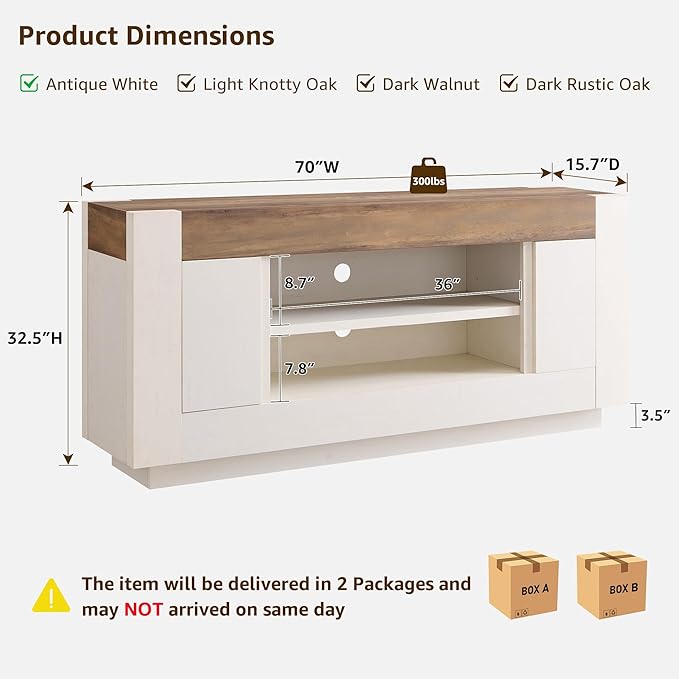 OKD Modern 70" TV Stand, Entertainment Center for TVs Up to 80", Media Console with Large Open Storage & Side Cabinets, Thick Wood Design for Living Room, Antique White