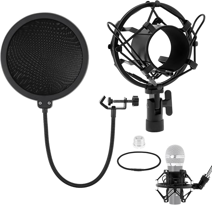 Anti-vibration Microphone Shock Mount for 46mm-50mm Condenser Microphones with Pop Filter for Broadcasting Studio Music Recording, Wind Pop Screen Flexible 360 Degree Gooseneck Clip Arm