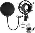 Anti-vibration Microphone Shock Mount for 46mm-50mm Condenser Microphones with Pop Filter for Broadcasting Studio Music Recording, Wind Pop Screen Flexible 360 Degree Gooseneck Clip Arm