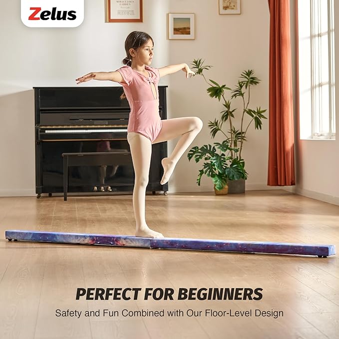 ZELUS 8' Folding Gymnastics Balance Beam, Floor Balance Beam w/Carry Handles Anti-Slip Base for Kids, Beginners & Professional Gymnasts