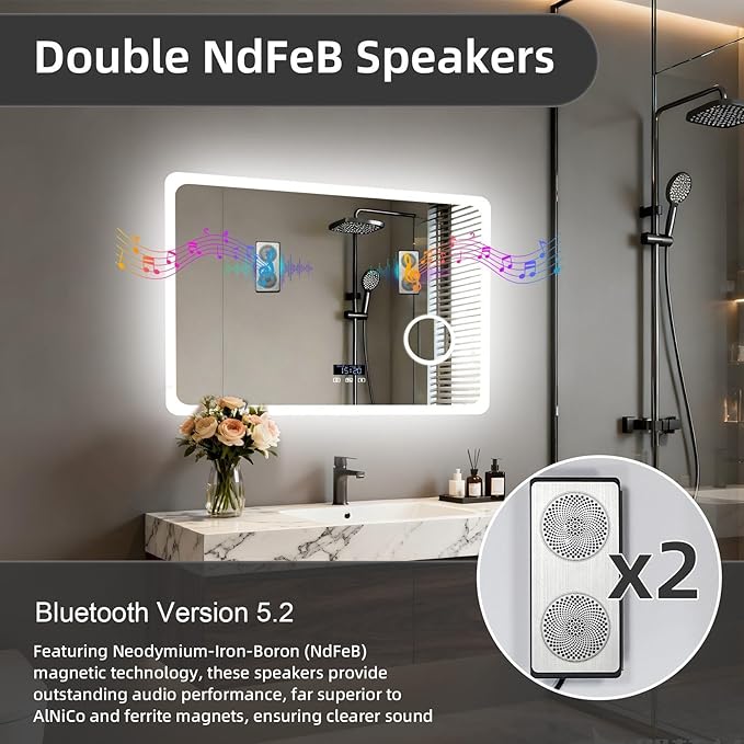 LUVODI LED Bathroom Mirror Rectangle: 32x24 inch Lighted Makeup Vanity with Bluetooth Speaker, Time Display, Magnifier, Anti-Fog, Memory Function, 3 Color Temperature