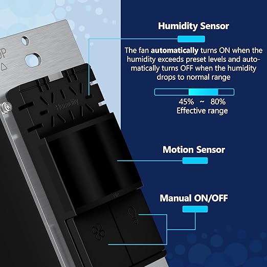 LIDER Humidity Sensor Switch and Motion Sensor Light Switch, PIR Sensor, Humidity Detection, Occupancy/Vacancy, No Neutral Required, ¼ HP, 1-Pole, UL Listed, Black, Wall Plate Included