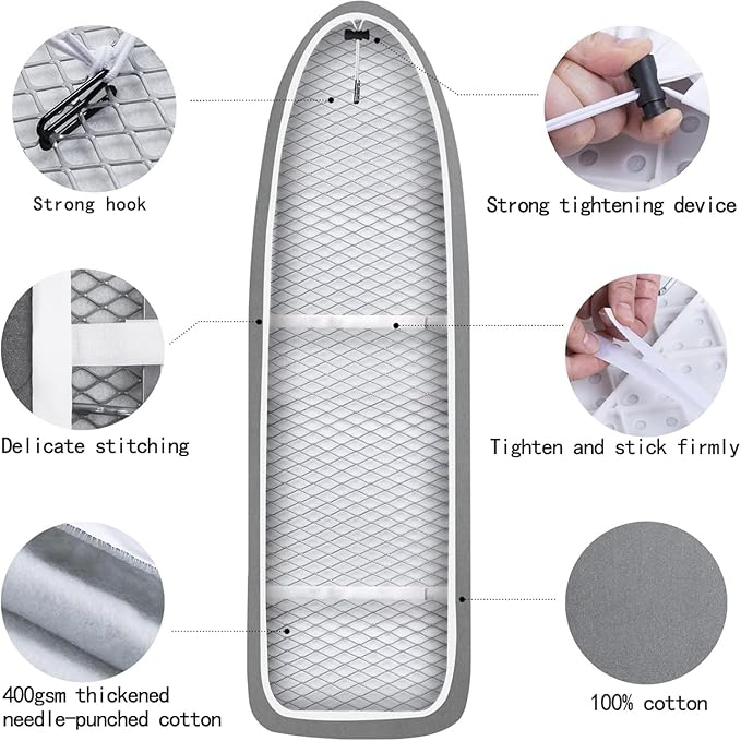 Yizunnu Ironing Board Cover and Pad,19x55 inch Extra Large and Thick Padding,Stain Resistant Heat Resistant Cotton Padding,Elastic Edge and Hook and Loop Adjustable Fastener(Heart)