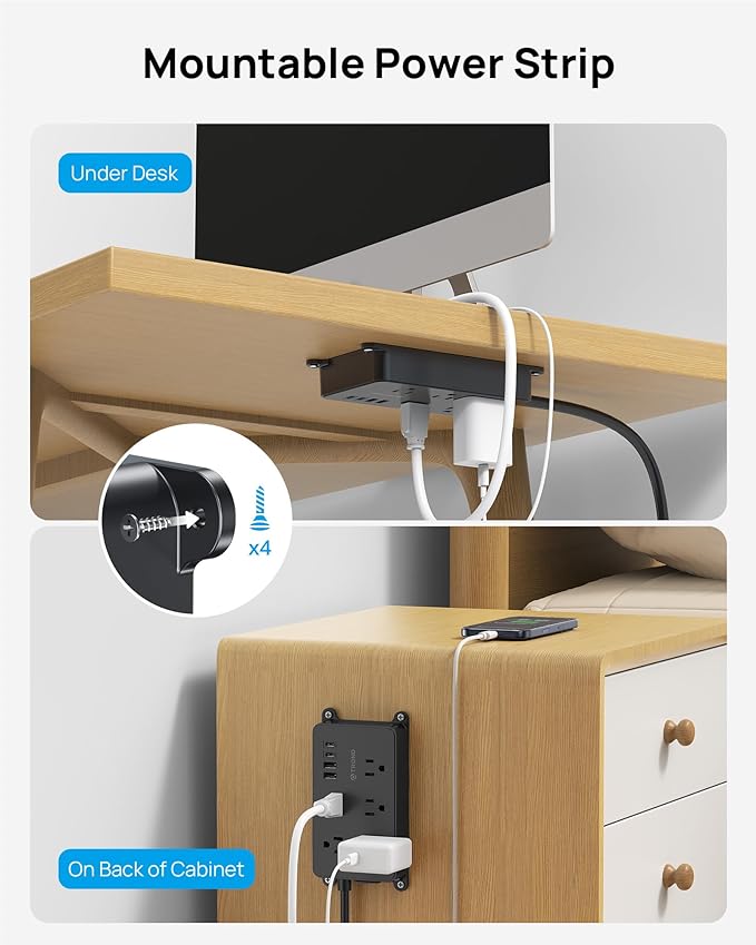 TROND 360° Rotating Flat Plug Power Strip, 5 Widely-Spaced Outlets with 2 USB A and 2 USB C, ETL Listed, 1300J Surge Protector, Wall Mountable, 5ft Extension Cord, for Home Office, Black