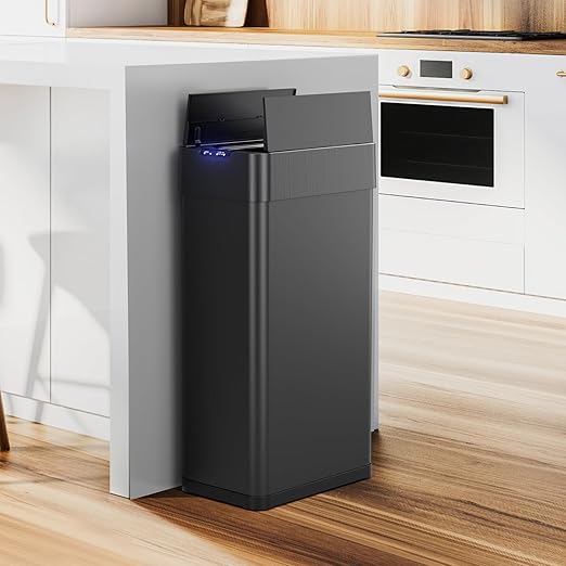 TLSUNNY 16 Gallon Automatic Trash Can, Stainless Steel Motion Sensor Garbage bin, Smart Trash Can W/Butterfly Lid, Bag Retainer Ring and Display Light for Living Room,Kitchen,Office (Black, 60L)