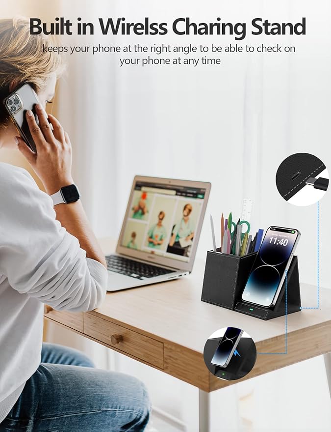 ExtreLife 2-in-1 Pen Holder with Wireless Charger, Compatible with iPhone 16/15/14/13/12/11/8 Series, Pencil Holder for Desk Home Office, Men Gift Husband Wife Anniversary Dad Birthday Idea Gadget
