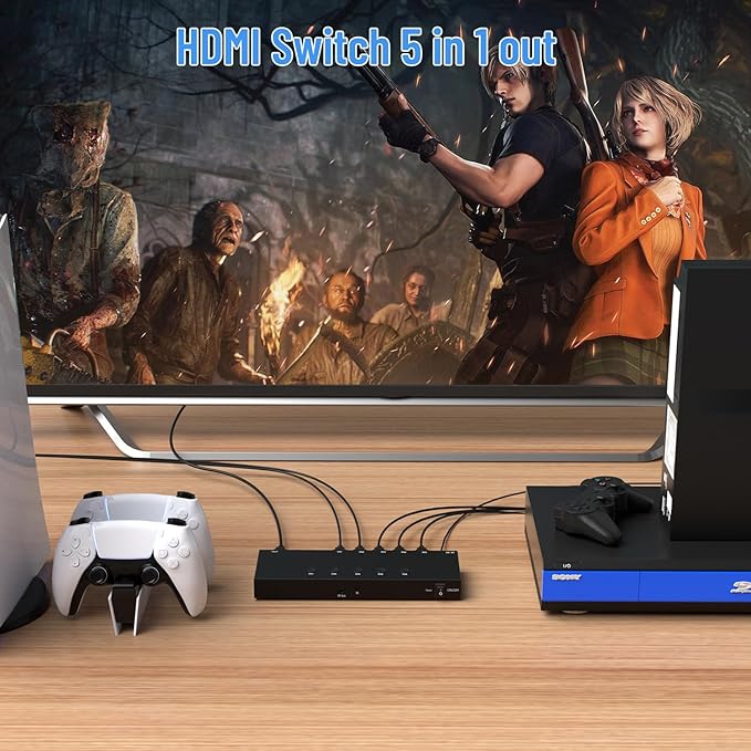 RuiPuo 5Port HDMI Switcher 4K@60Hz 5In 1Out HDMI Selector with IR Remote Supports Full HD 4K/1080P/3D & HDCP2.2 for Switch,Xbox,PS4/PS5,Fire Stick,Roku,Apple TV etc.