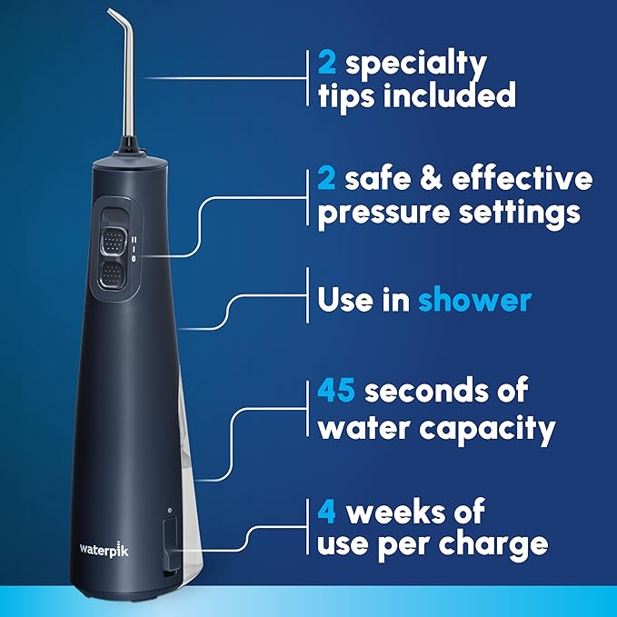 Waterpik Cordless Pulse Rechargeable Portable Water Flosser for Teeth, Gums, Braces Care and Travel with 2 Flossing Tips, Waterproof for Shower, ADA Accepted, WF-20 Blue, Packaging and Tips May Vary