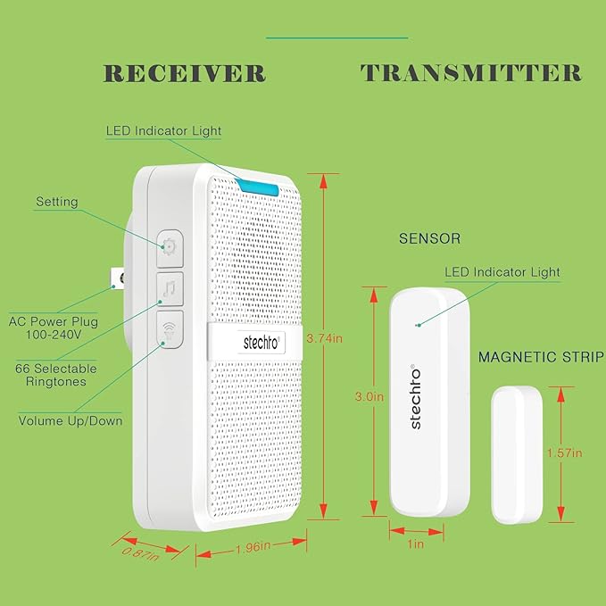 Door Chime,Wireless 600Ft Range 5 Adjustable Volume 1 Magnetic Door Open Contact Sensor with 62 Chimes Mute Mode Door Bell Plugin Receiver for Home/Office/Store White (Receiver+Sensor)