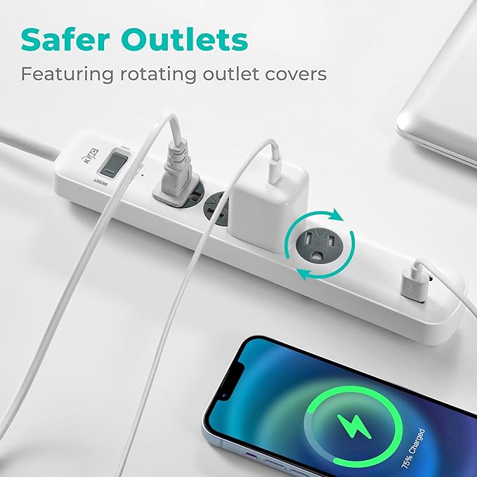 KMC 4-Outlet Surge Protector Power Strip, 1 USB-A & 1 USB-C Port, Power Strip Surge Protector, 840J Surge Protection, 5ft Extension Cord, 3-Prong Low-Profile Flat Plug, UL/ETL Certified, White