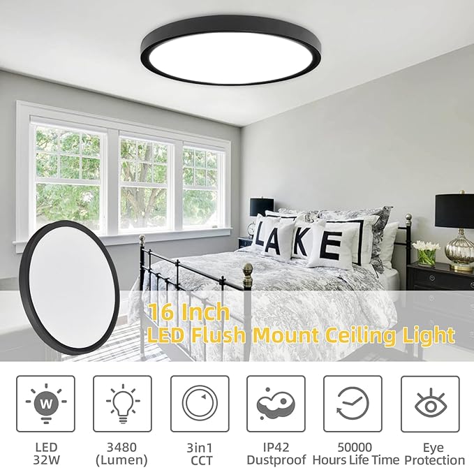 RLEDPZTX Led Flush Mount Ceiling Light,16 Inch 32w 3480lm,3000k/4000k/6000k 3CCT Selectable, Round Modern Flat Panel Super Slim Led Ceiling Light,for Living Dining Kitchen Bedroom Room (4Pack-Black)