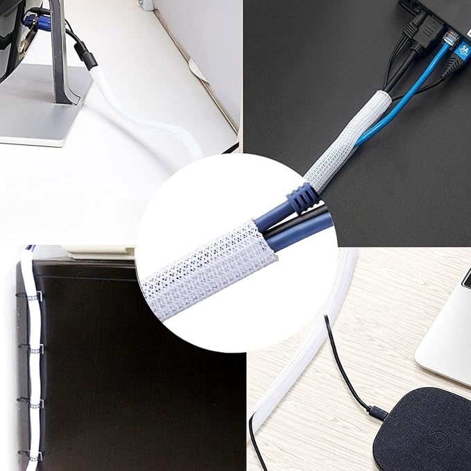 QCSIW 25ft 1 Inch White Cable Sleeve – Split Wire Loom Tubing Cord Protector – Flame Retardant Polyester Cable Cover for Desk, TV, PC Setup – Protects Cords from Pets & Organizes Wires