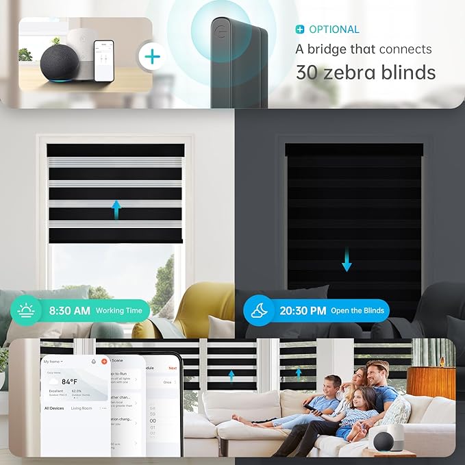 Motorized Zebra Blinds, Solar Powered Dual Layer Automatic Shades with Remote Control, Rechargeable Smart Blinds Horizontal Wireless Electric Shades for Windows, Custom Size, Black，20 x 72