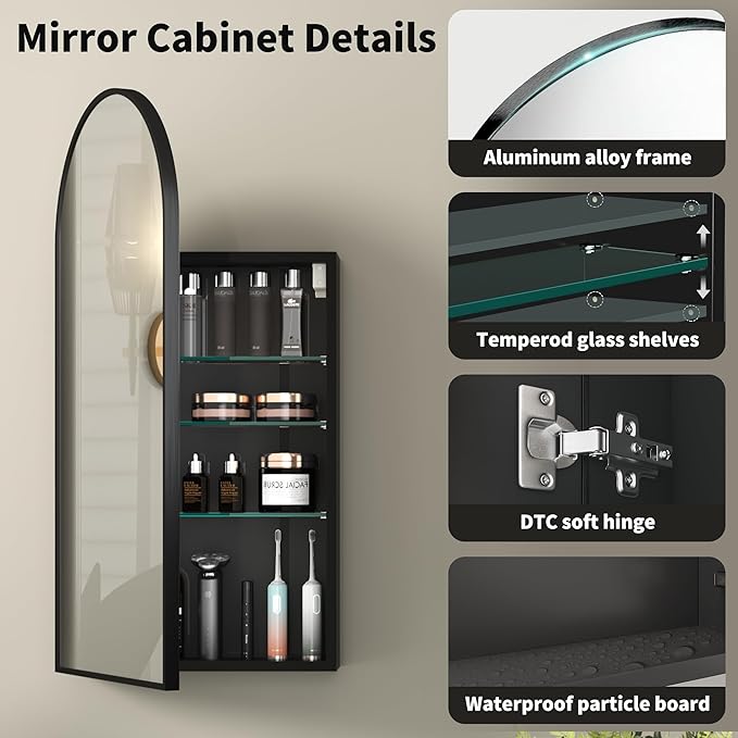 16 x 32 Black Bathroom Medicine Cabinet with Mirror,Arched Medicine Cabinet with Mirror,Assembly Required,Bathroom Mirror with Storage,Wall Mounted Medicine Cabinets with Adjustable Shelves
