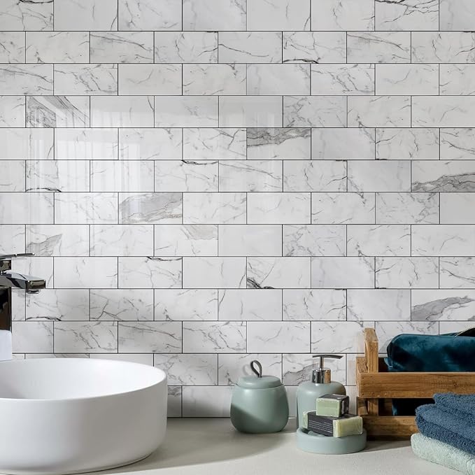 Vamos Tile 100-Piece Glossy Statury White Peel and Stick Backsplash Tile,3''x6'' PVC Subway Tile with Dark Gray Grout, Stick on Backsplash for Kitchen/Bathroom/Fireplace