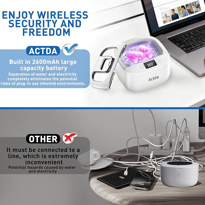 Wireless Ultrasonic Retainer Cleaner,Sonic Dental Cleaning Machine,Dental Cleaning Pod Night Guard Cleaner for Dentures, Retainers,Aligner, Mouth Guards, Jewelry Clean, Type-C Charge, 2600MAh
