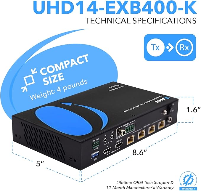 OREI 1x4 HDMI Extender Splitter Over Single CAT6/7 Cable 4K@60Hz with HDBaseT, HDR, HDCP 2.2 with IR Remote EDID Management - Loop Out - Up to 400 Ft - Low Latency