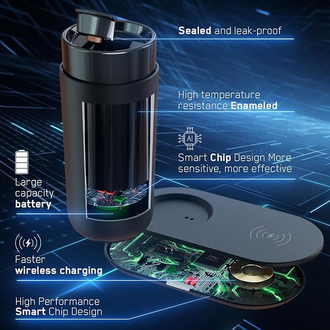 Temperature Control Heated Coffee Mug Smart Self Heating Travel Mug 12 Oz App Controlled Warmer Mug 4-10 Hour LED Display Keep Coffee Hot Fast Wireless Charger Base Iron Black