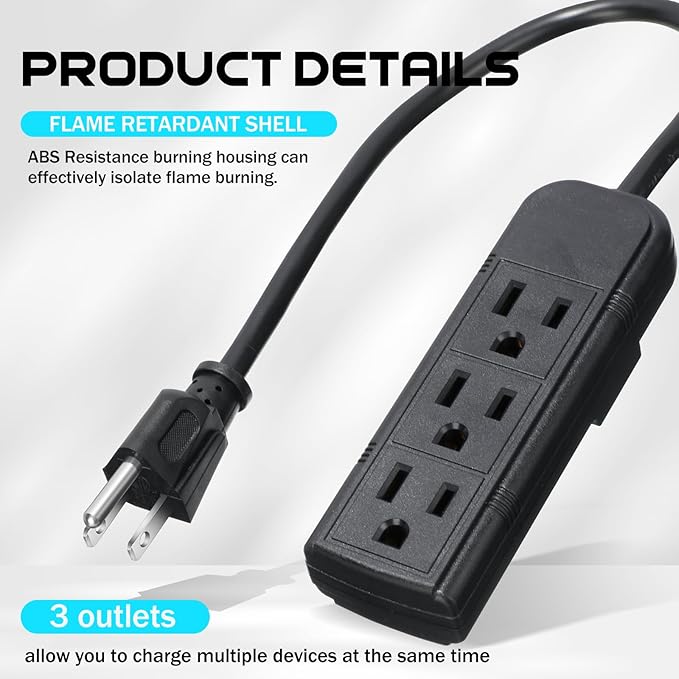 Copkim 20 Pack 3 Outlet Power Strip Extension Cord with Flat Plug Mini Cord 3 Ground Heavy Duty Mountable Outlets Strip for Computer Phone Home Office (1 ft,Black)