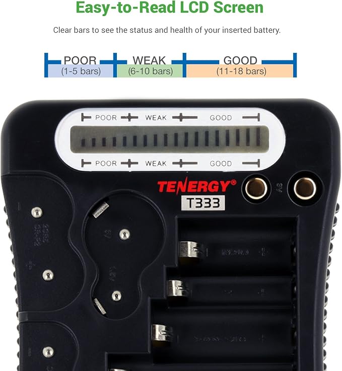 Tenergy T-333 Universal Battery Tester, LCD Display, Cell Checker, Multi-Purpose Small Battery Tester, for AA, AAA, C, D, 9V, CR123A, CR2, CRV3, 2CR5k CRP2, and Button Cell Batteries