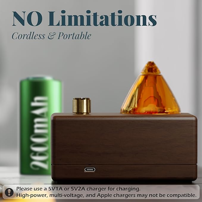Amber Premium Glass Essential Oil Diffuser with Handmade Wood Base for Aromatherapy, Retro Waterless Scent Diffuser with Cool Mist, Rechargeable & Wireless Oil Nebulizer with LED & Timer, 2026 Model