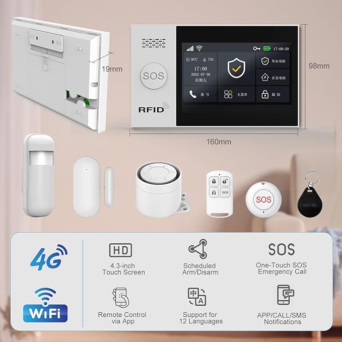 WiFi Wireless Alarm System for Home Security - 24/7 Protection Smart Home Devices 4.3" Touch Screen, GSM/4G+WiFi, App Instant Alerts, No Monthly Fee, Alexa Compatible for Villa, Kids Safety(24Pcs)