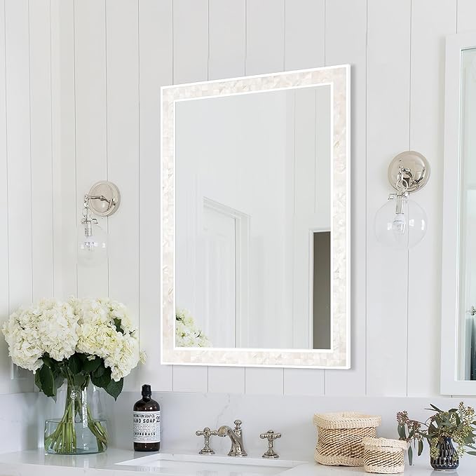 Tanmicoshomy White Shell Framed Rectangular Wall Mirrors for Bathroom, 24x36 Inch Mosaic Mirror for Bedroom Living Room or Entryway, Wall Mounted Horizontal or Vertical Hanging