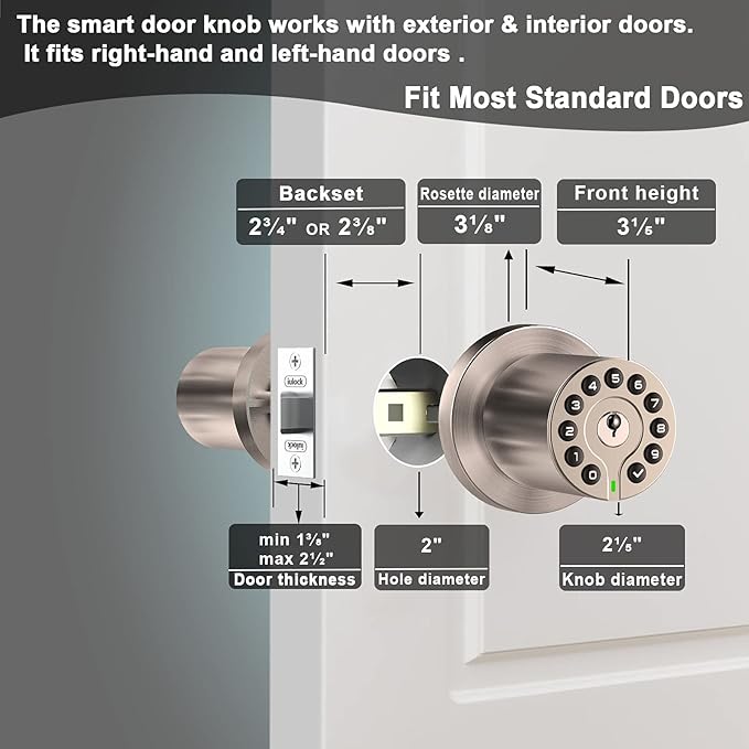 iulock Waterproof Electronic Door Knob with Keypad and Key, Auto Lock, Satin Nickel, 50 Codes, Easy to use and install for Office/Warehouse/Bedroom/Garage
