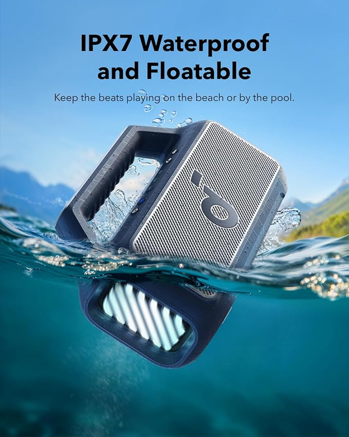 Soundcore Boom 2 by Anker, Outdoor Speaker, 80W, Subwoofer, BassUp 2.0, 24H Playtime, IPX7 Waterproof, Floatable, RGB Lights, USB-C, Custom EQ, Bluetooth 5.3, Portable for Camping and Beach - Blue
