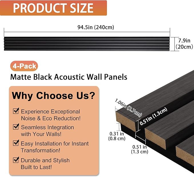 QDYMXUN Wood Slat Acoustic Wall Panels, 4-Pack 94.5'' x 7.9'' 3D Fluted Sound Absorbing Paneling for Interior Accent Wall Decor, Living Room (Matte Black)