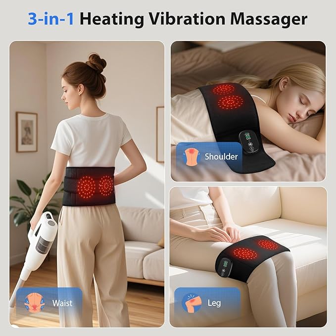 Lower Back Massager with Heat, Heating Pad for Back, Stomach Heating Pad, Waist Belt Wrap with Heat Vibration 3 Levels Adjustable, Touchscreen Control, Adjustable Size, Gifts for Dad Mom (Black)