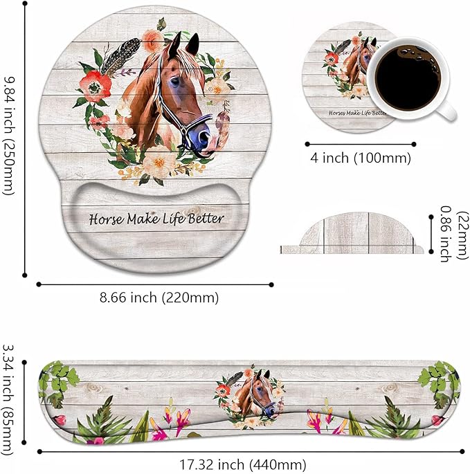 Keyboard Wrist Rest + Mouse Pad Wrist Support Set with Coasters, Non-Slip PU Base Ergonomic Mousepad for Home Office Working Studying Easy Typing & Pain Relief, Horse Theme, Horses Make Life Better