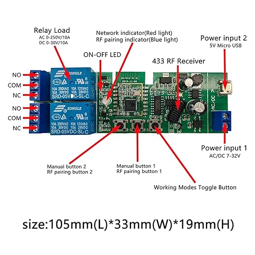 Newgoal Zigbee Tuya Smart 2 Channel Smart Relay Module with 433RF Remote Control USB 5V 7-32V Jog/Lock Switch Compatible with Alexa Google Home (Requires ZigBee Hub)