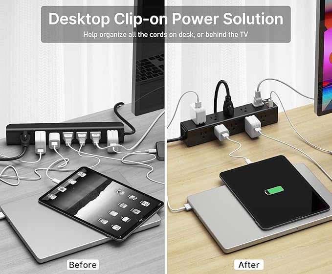 CCCEI Standing Desk Clamp Power Strip with 15 Outlets, Black Desktop Edge Mount Surge Protector Outlet, Fast Charging USB-A and 45W USB-C Ports, 4 FT Flat Plug, Black Fit 1.6 inch Table top.