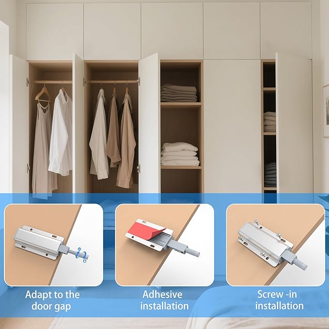 3 Pack Push to Open Cabinet Hardware, Touch Latches for Cabinet Doors, Magnetic Cabinets Latch, Magnetic Push Latches for Cabinets to Open Latch，Silver