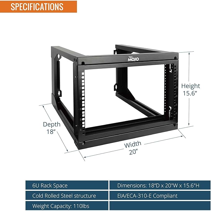 Tecmojo 6U Wall Mount Server Rack, Open Frame Network Rack for 19" Computer/AV/Data/IT/Media Equipment, 18" Depth, 16" Apart Mounting Holes, Swing Gate, Square and Tapped Holes