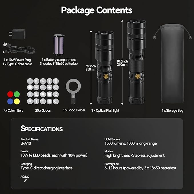 WELLMAKING 15W LED Photography Flashlight Optical Glass Lenses, 7800mAh Aluminum Alloy Patterned Ambient Light, with 20 Patterned Light Filters for Photo, Content Creation Video Recording Accessorie
