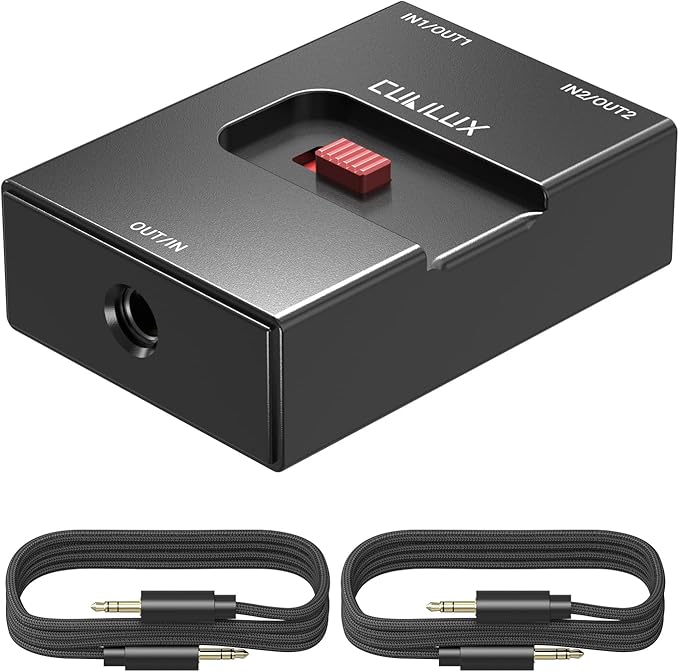 Cubilux 3.5mm Audio Selector, Bidirectional 2-In-1-Out or 1-In-2-Out 1/8-in TRS Headphone Switcher, Ultra-Compact Aluminum Case Passive Toggle A/B AUX Switch Box for PC