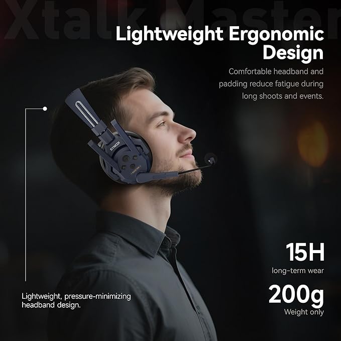 SYNCO Xtalk Master Wireless Intercom Headset System,1 Person 2.4GHz 500m/1640ft Headset with Noise Reduction Program,Real-time Monitoring