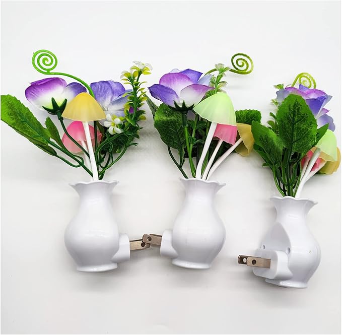 AUSAYE 3Pack Sensor Night Lights Plug into Wall Rose Flower Light, Led Lamp Dream Nightlight Mushroom Night Lights for Kids Adults Room,Bathroom,Kitchen,Hallway