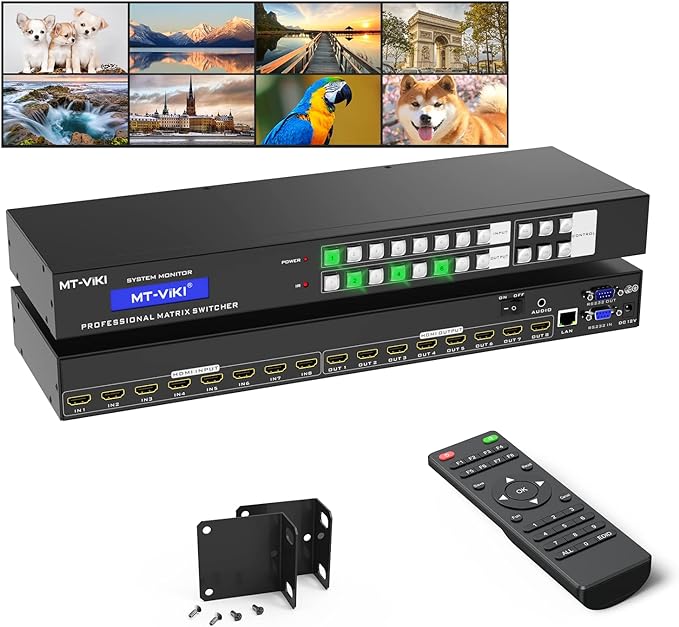 MT-VIKI 4K HDMI Matrix Switch 8X8 w/Web GUI & 3.5mm Stereo Audio Extraction w/IR Remote, 4K@30Hz, Rack Mount Switcher & Splitter, EDID, RS232, LAN Port, APP, Fit 1U 19'' Rack