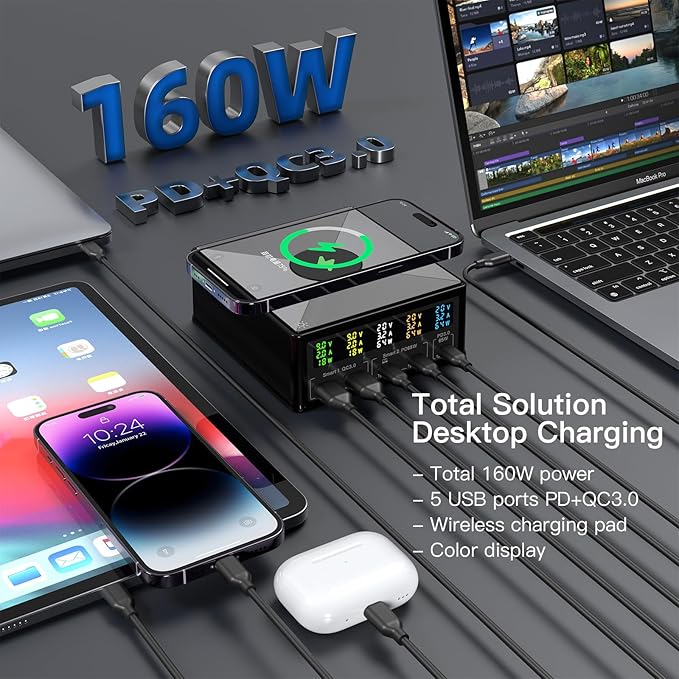 USB Charger Station Multi Port: Desktop 160W Power Fast Charging Hub Wall Block PD 3.0 – 5 Ports with Wireless Pad & Digital Display