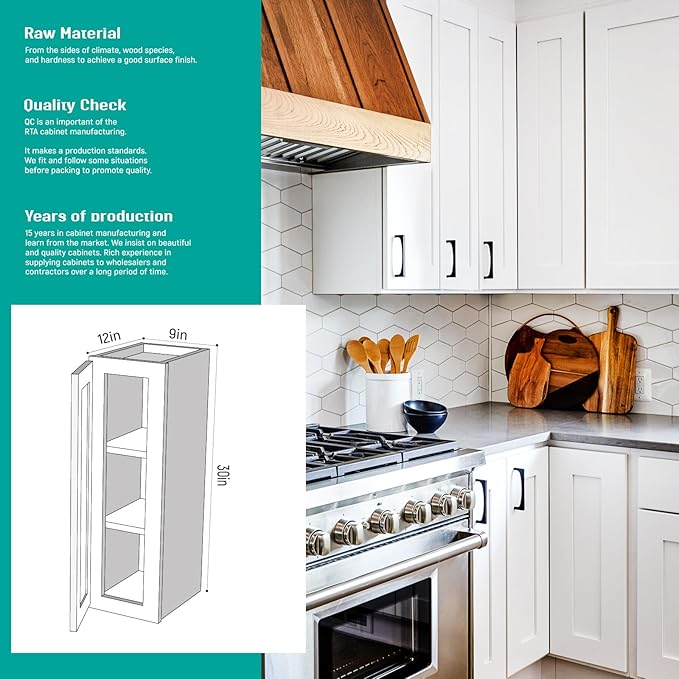 Wall Kitchen Cabinets, RTA Cabinets, White Shaker Cabinet, Wall Mounted, RTA Upper Cabinet, Modern for Kitchen and Bathroom with Door, 2 Adjustable Shelf (White, 09" W x 30" H x 12" D)
