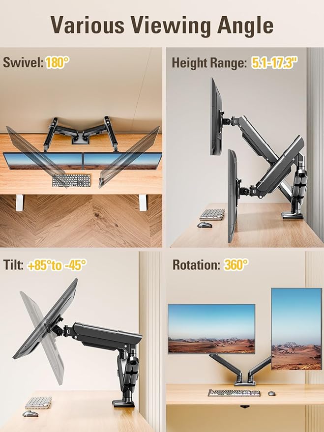 DreamAxis Dual Monitor Stand for 13-32 Inch Computer Screens, Dual Monitor Arms, Each Arm Holds 4.4-22lbs, Fully Adjustable Monitors Desk Mount with C-Clamp and Grommet Base, VESA 75x75/100x100mm
