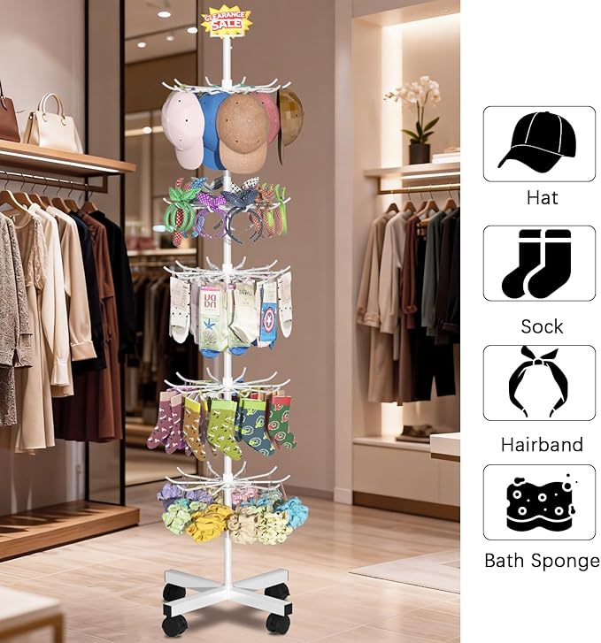 Exttlliy Retail Display Stand Store Display Rack 6 Tier Metal Spinning Display Stand Rack with Wheels Keychain Jewelry Stocking Hat Stand with Hooks for Malls, Showroom, Retail Store (6 Tier White)