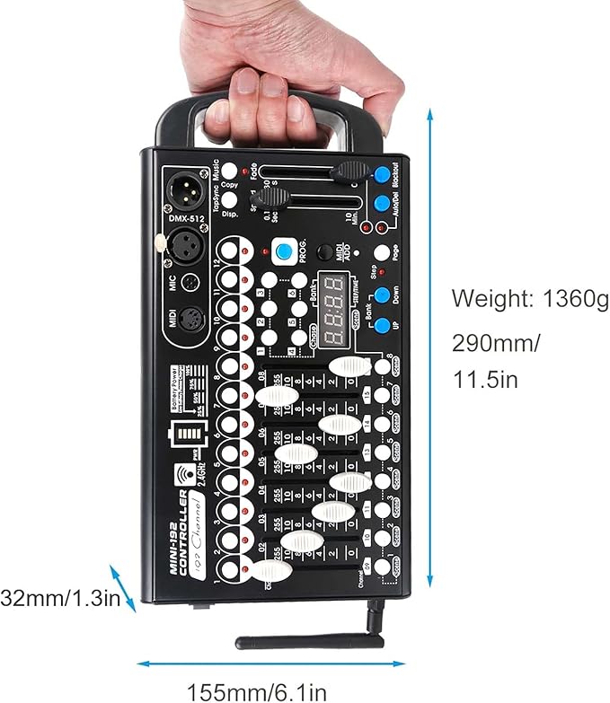 Battery DMX Controller Wireless with MIDI, DMX Board 512 Light Controller for Dj Lights, Dmx512 Lighting Console 192ch with Built-in Battery for Control Stage Light