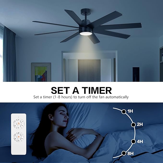 WINGBO 72" Large DC Ceiling Fans with Lights and Remote, 3 Downrods, 8 Plywood Blades, 6-Speeds Reversible DC Motor, 3CCT, Indoor Ceiling Fan for Bedroom Living Room Patio, Black