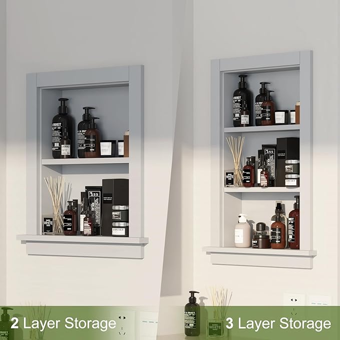 Recessed Medicine Cabinet,in Wall Shower Niche,14x24 Bathroom Cabinet with Storage,Bathroom Niche for Shower Wall for Bedroom,Wall Niches Insert for Drywall,Grey/MDF