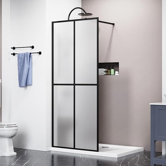 Goodyo 34"- 46" x 72" Glass Shower Door Clear Tempered Glass Panel Fixed Shower Screen for Walk-in Bathroom Matte Black Finish (34" W x 72" H Grid Frost)